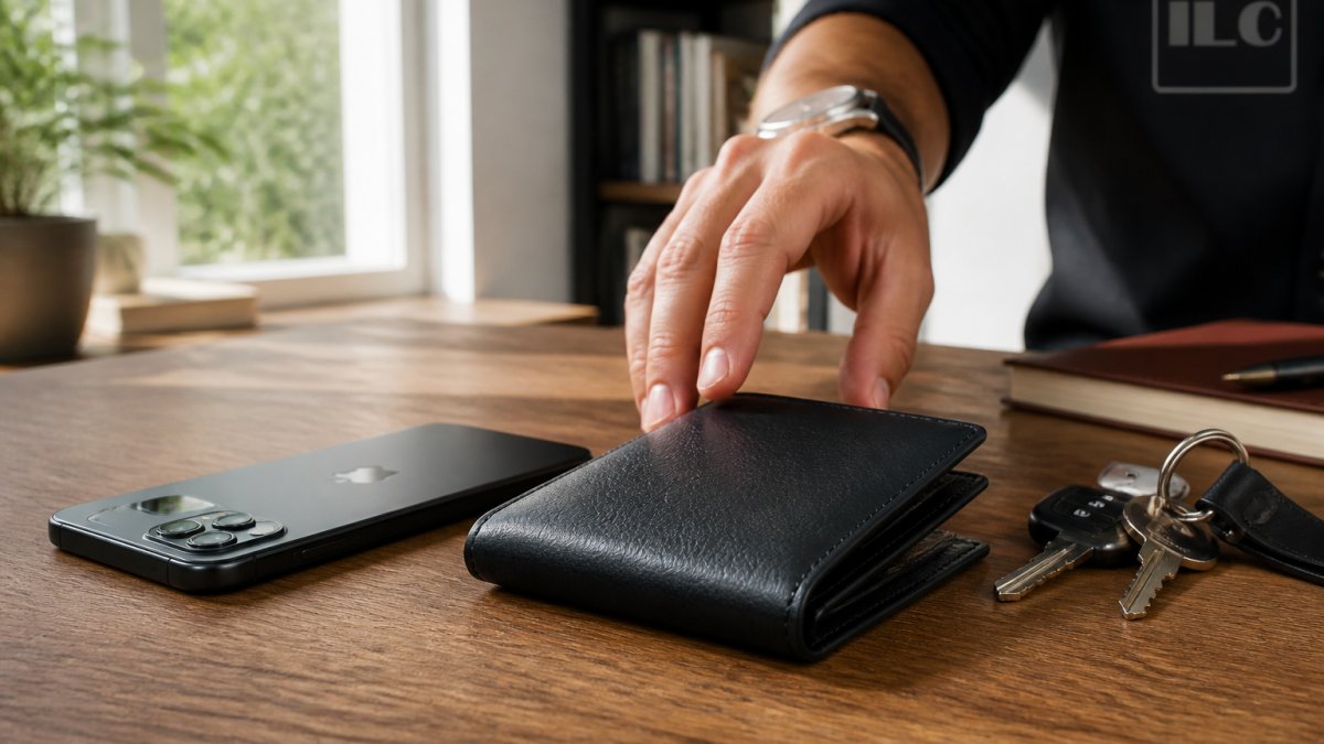 Man reaching for a black leather bifold wallet on a wooden desk beside a smartphone and keys