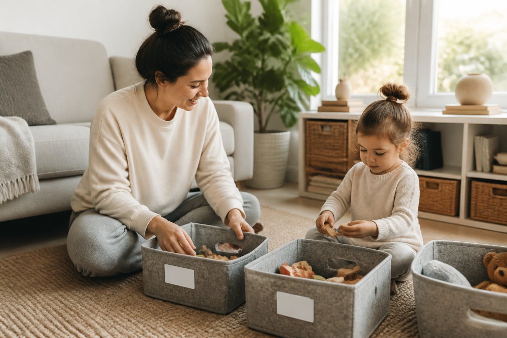 A parent and child sorting toys into labeled storage bins in a bright, organized living room with natural light streaming through the window