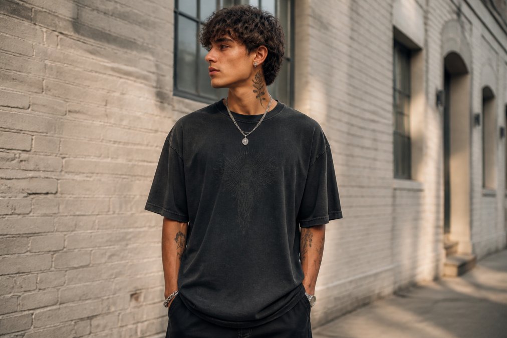 Person wearing a vintage washed oversized celestial tee with subtle angel number design, standing in an urban streetwear setting with neutral brick walls and natural morning light