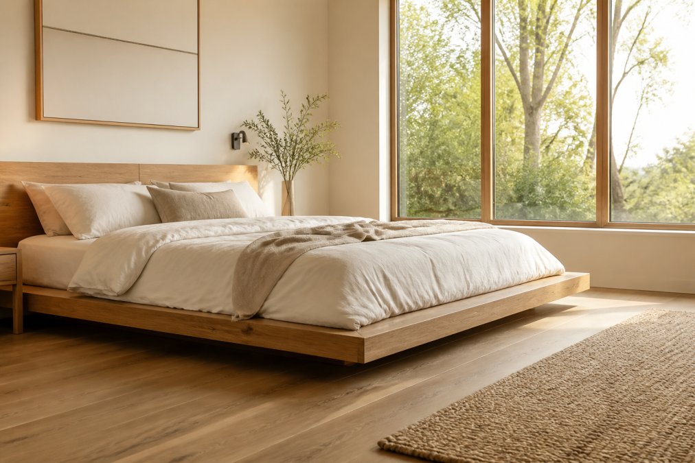 Serene master bedroom featuring a low platform bed in warm natural timber with crisp white linen bedding, soft morning light streaming through large windows, showing the clean lines and uncluttered floor space beneath