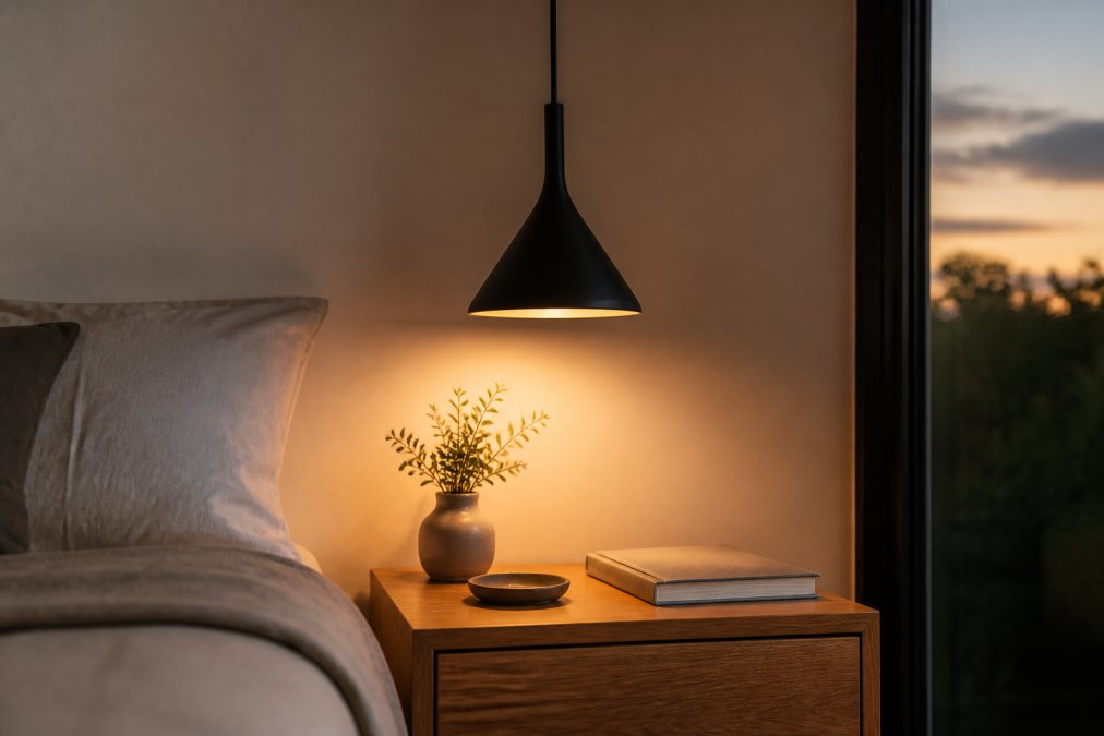 Close-up of a minimalist pendant light with matte black finish suspended above a timber bedside table at dusk, with warm amber glow creating a calming atmosphere in a neutral bedroom