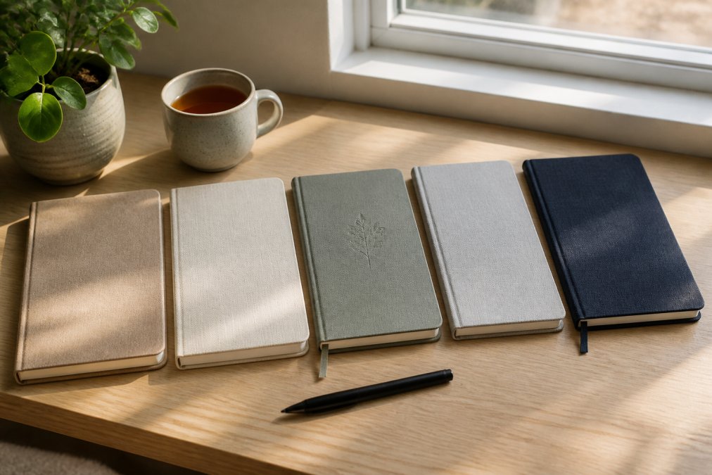 A flat-lay photograph of five minimalist journals arranged on a light wood desk beside a ceramic mug of tea, a small potted plant, and a black pen, soft natural morning light from a window