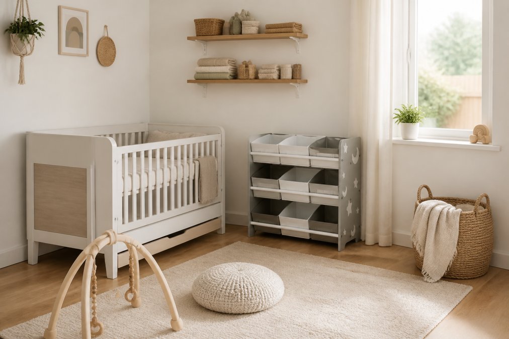 Compact nursery corner featuring a convertible crib with neutral bedding, wall-mounted wooden shelves holding neatly folded blankets and storage baskets, soft natural light from a window, and minimal floor clutter showcasing efficient vertical storage