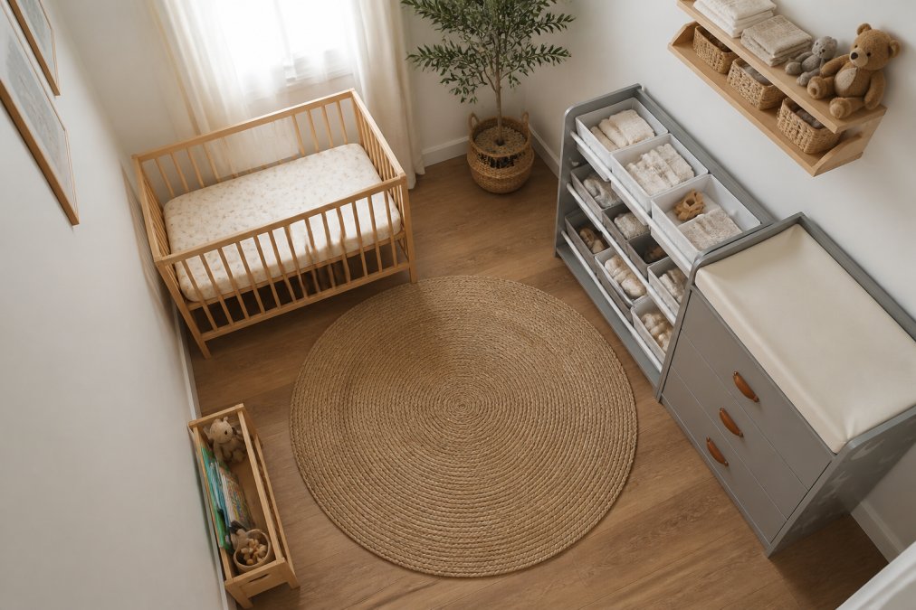 Overhead view of a small nursery room with a crib positioned in one corner, a compact changing dresser along one wall with organised storage baskets, wall-mounted shelves holding folded items, and clear floor space in the centre, demonstrating efficient zone definition and minimal clutter