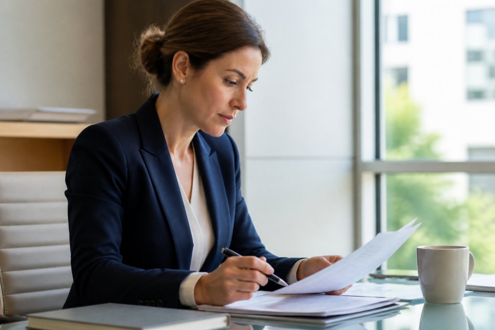 A woman in her late 30s in a navy blazer reviewing documents at a bright office desk, wearing small pearl stud earrings, soft morning light from a window