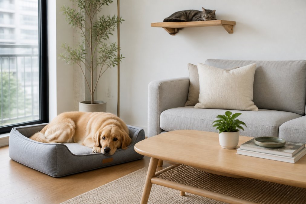 A minimalist apartment living room featuring a low-profile grey orthopedic dog bed positioned beside a modern light-wood coffee table, with a cat resting on a wall-mounted wooden shelf above, clean white walls, and natural light from a large window
