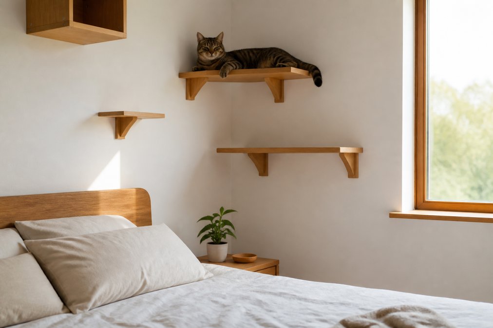 A cat resting peacefully on a natural wood wall-mounted shelf in a bright, minimalist bedroom with white walls, a modern bed frame, and soft natural light streaming through a window