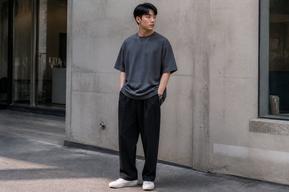 Person in an oversized heavyweight tee and tailored trousers, embodying minimalist precision streetwear in natural light.