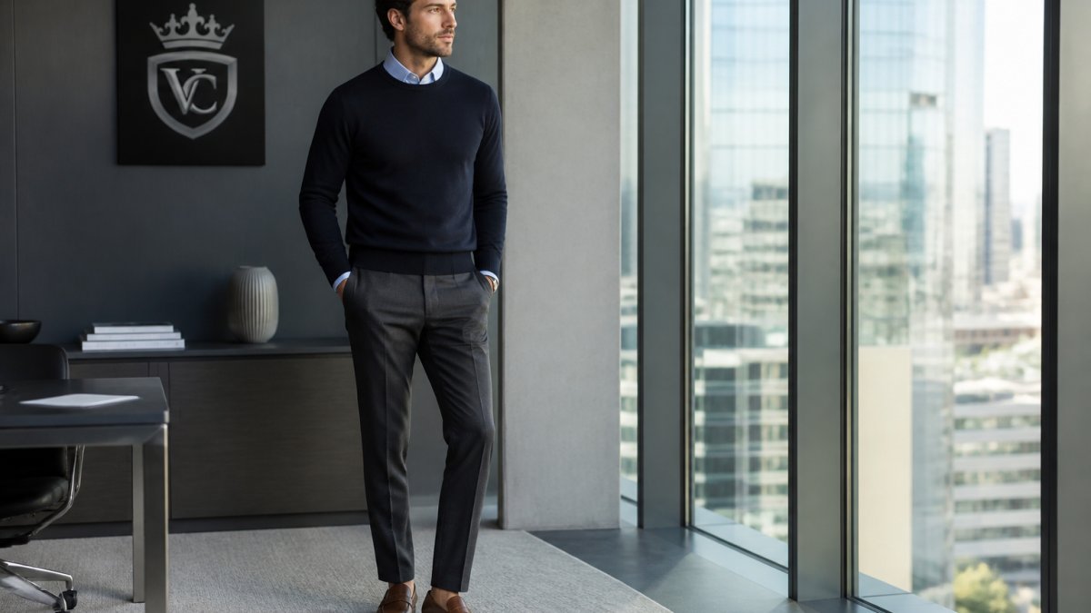 Professional man in business casual attire wearing light blue dress shirt, charcoal trousers, navy sweater layered underneath, and polished brown loafers, standing confidently in a modern office with floor-to-ceiling windows and natural daylight