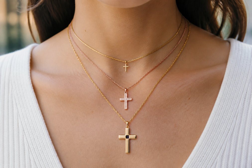 Close-up of a woman's neckline showing three delicate religious necklaces layered at different lengths, including gold and rose gold cross pendants with varying chain thicknesses and designs