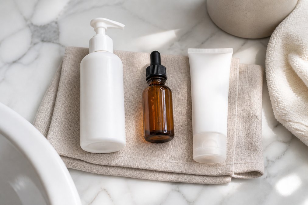 A flat lay of a minimalist skincare routine on a clean white marble counter: a pump bottle of gentle cleanser, an amber glass serum dropper, and a tube of sunscreen arranged on a folded linen towel with soft morning light casting gentle shadows