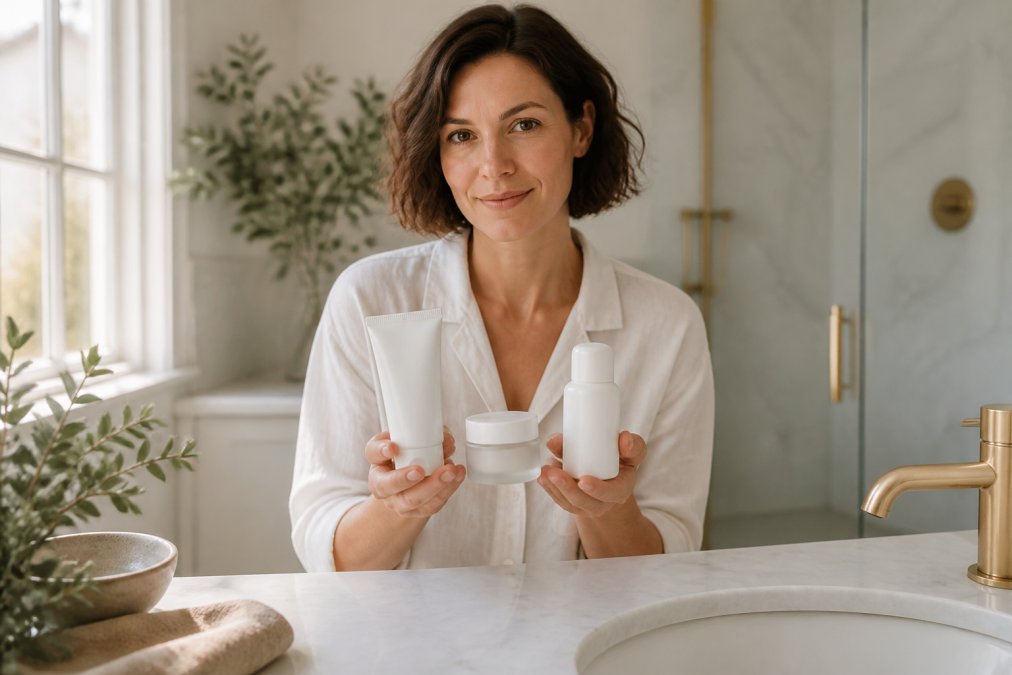 A woman in her 30s at a bathroom counter holding a gentle cleanser, moisturizer, and sunscreen bottle, soft morning light through a window, calm and uncluttered setting