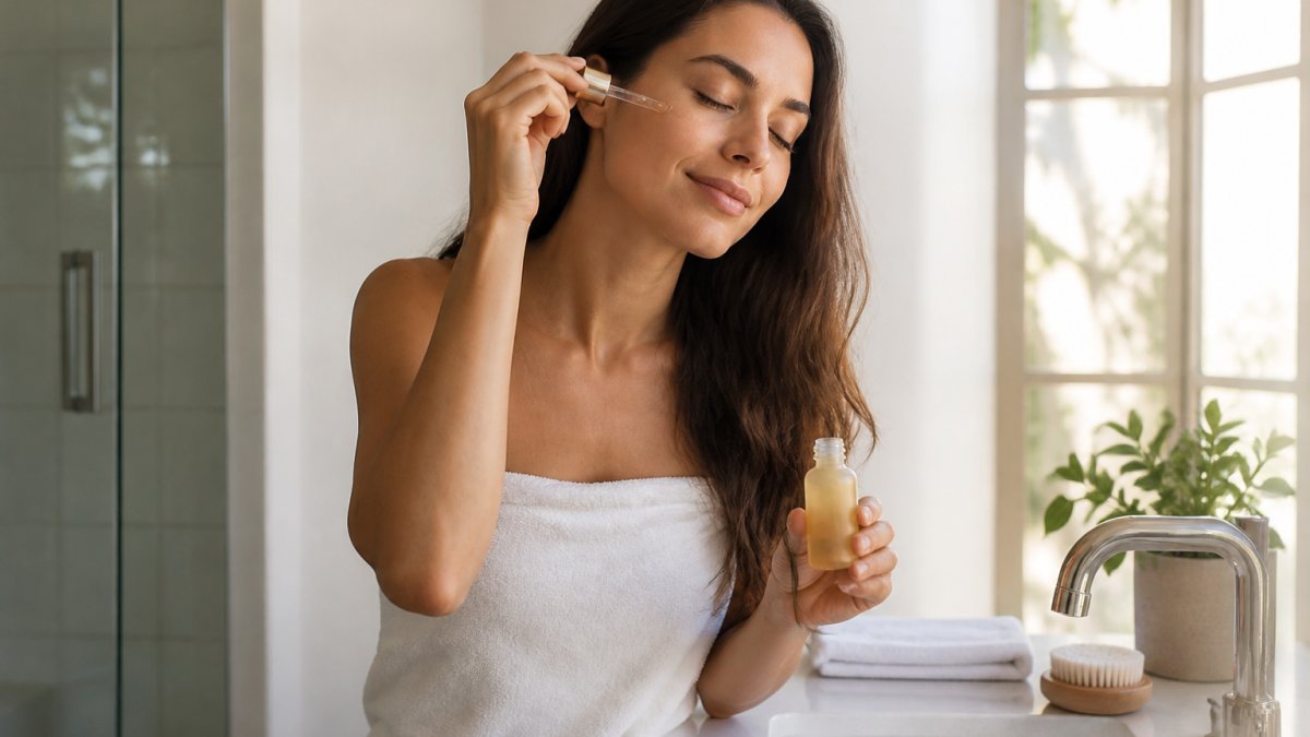 Professional applying face oil at bathroom sink during morning routine with minimal products visible on counter, natural morning light streaming through window