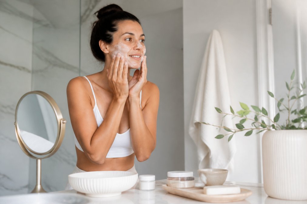 Woman in her 30s applying a facial scrub for her minimalist skincare routine at a bright bathroom vanity