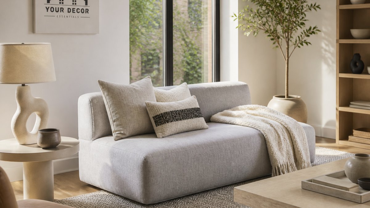 A bright modern living room with a low armless sofa in light gray upholstery, styled with textured throw pillows, a cream blanket draped over one end, and a small round side table holding a sculptural lamp, soft afternoon light through tall windows