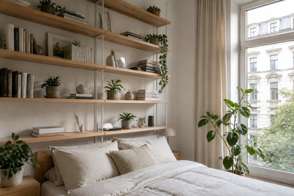 Bright apartment bedroom with floor-to-ceiling floating shelves displaying books, plants, and minimal decor items in neutral tones and natural lighting