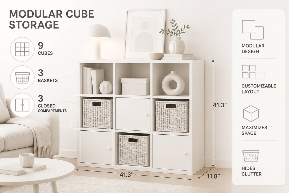 Small studio apartment corner showing a modular cube storage unit with open shelves and closed compartments, styled with woven baskets and a few decorative objects in warm lighting