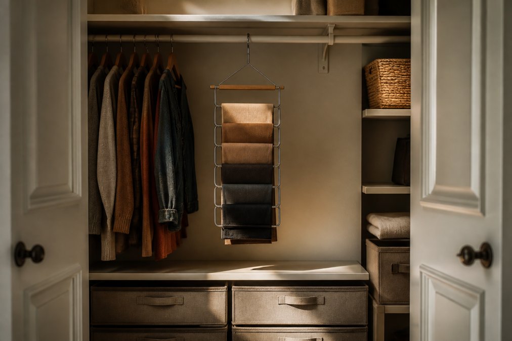 Neatly organized closet with a space-saving pant hanger holding multiple pairs of neatly folded pants and leggings, with clear hanging rod space above and fabric drawer organizers visible on shelves below, natural light streaming through open closet doors