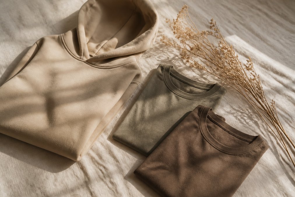 A neatly arranged flat lay of minimalist streetwear pieces, an oversized hoodie, two folded tees in muted earth tones, and simple dried botanical sprigs, on a light linen surface in soft natural window light