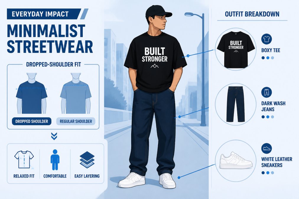 Person wearing a boxy minimalist tee in black with a bold white graphic, styled with dark wash jeans and white leather sneakers in an urban setting, showing how the dropped-shoulder fit creates a relaxed streetwear silhouette