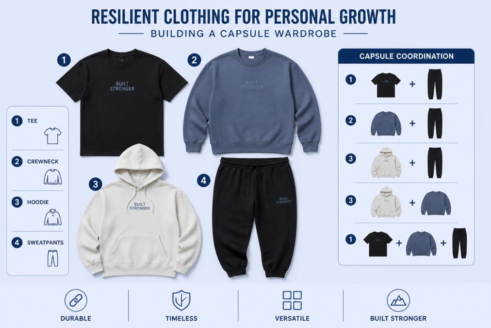 Flat lay of essential minimalist streetwear pieces arranged on neutral background showing black heavyweight tee, slate crewneck, vintage pearl hoodie, and black sweatpants in coordinated arrangement to demonstrate capsule wardrobe coordination