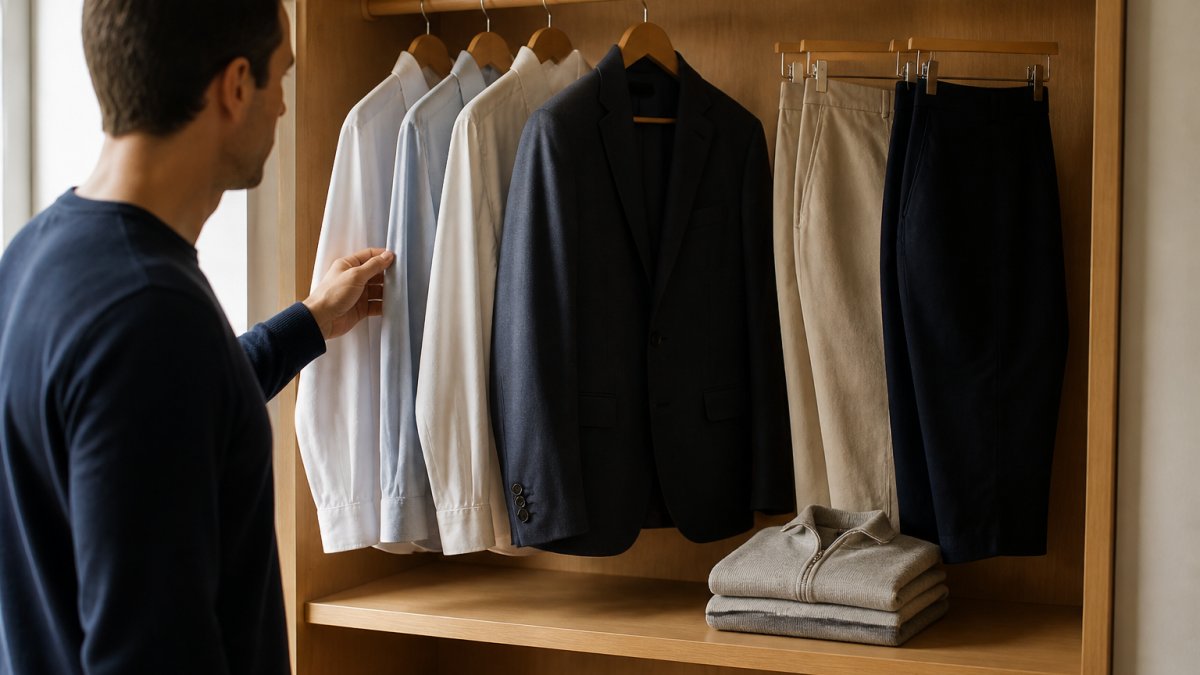 A neatly organized closet with a small row of neutral shirts, one navy blazer, two pairs of trousers, and a folded half-zip pullover on a wooden shelf, warm natural light