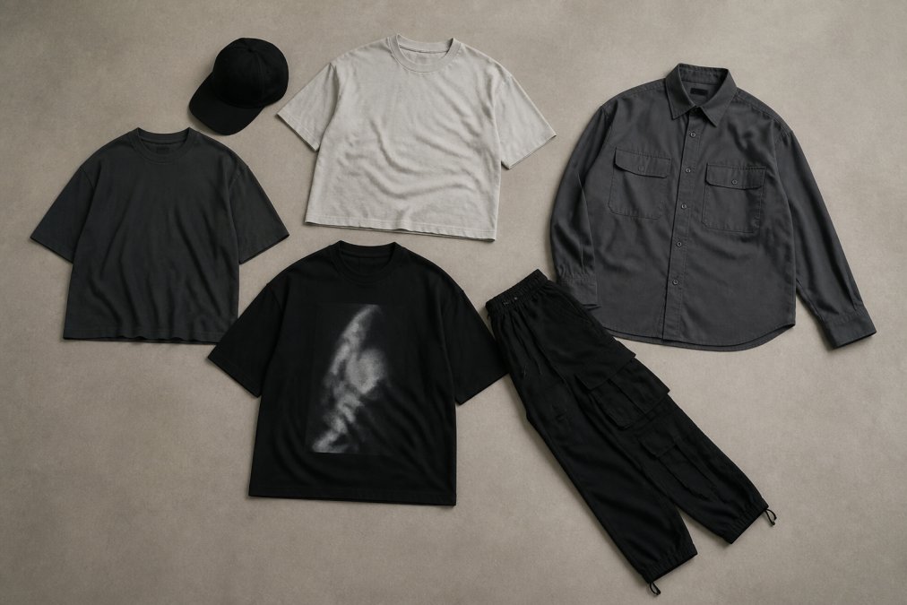 Flat-lay of seven minimalist techwear pieces for students including cargo pants, tees, and a cap arranged for outfits.