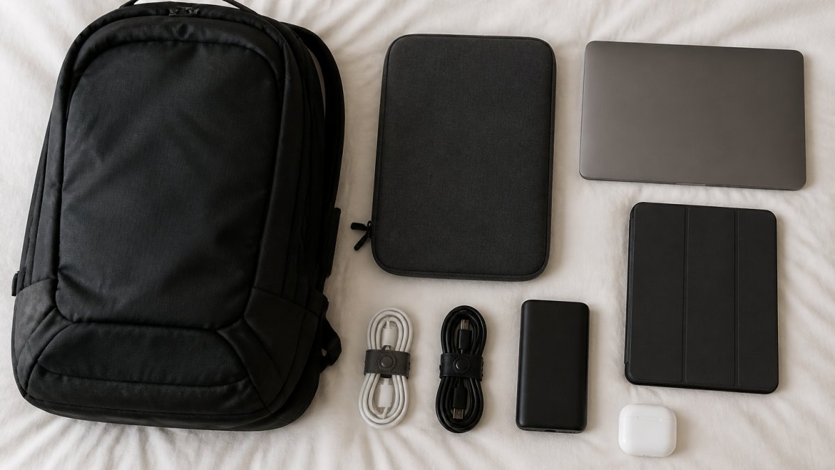 Overhead shot of a carry-on backpack laid flat on a bed, with a laptop sleeve, rolled charging cables secured by cable wraps, a power bank, earbuds case, and a tablet arranged neatly beside it