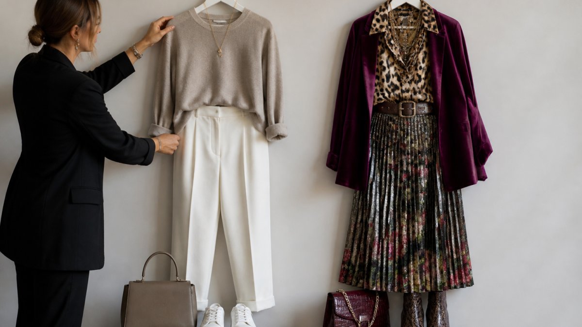 Stylist arranging a neutral minimalist outfit next to a bold, layered maximalist ensemble on hangers