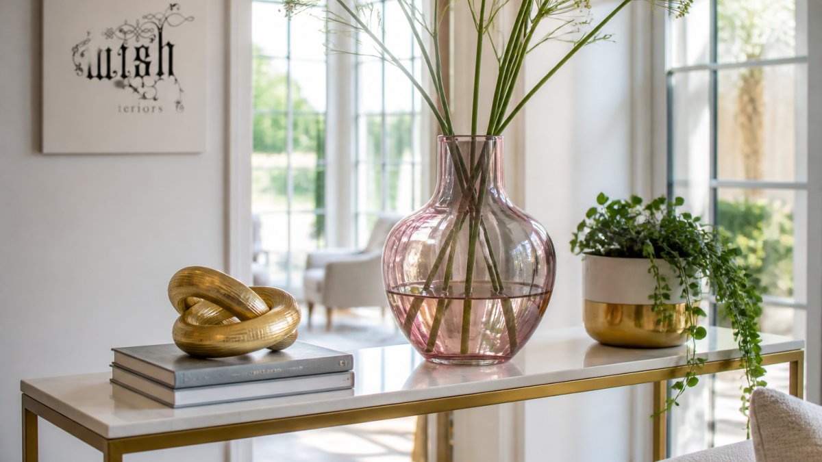 A styled console table in a bright living room featuring a gold knot sculpture on stacked books, a large pink glass vase with tall stems, and a white and gold ceramic planter with a trailing plant, shot in natural daylight