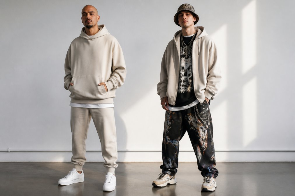 Two styled figures side-by-side: left figure in minimalist streetwear wearing neutral oversized hoodie with monochromatic joggers and clean white trainers in bright studio lighting; right figure in maximalist streetwear wearing the same oversized hoodie layered with bold graphic tee, patterned trousers, and textured accessories in dynamic studio setting