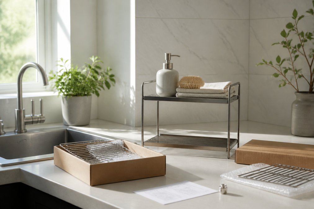 Minimalist kitchen sink area with sleek metal tiered shelving, neatly arranged white ceramic soap dispenser and natural sponge, clear countertops with soft morning light reflecting off stainless steel sink