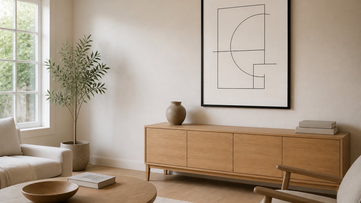 Infographic visualizing room-by-room minimalist wall decor layout plans for a bright living space