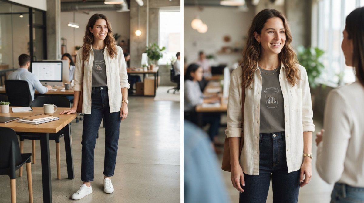 Person wearing a neutral-toned minimalist outfit with a graphic tee layered under a cream button-up shirt, showing how to style basics together with intentional pieces, natural office lighting