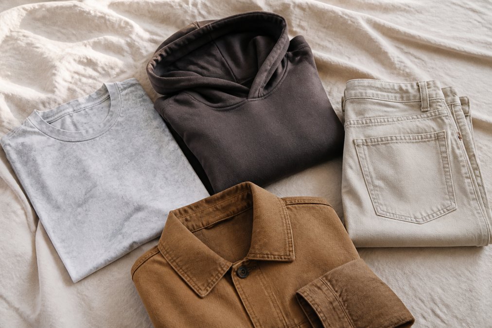 Minimalist capsule wardrobe color palette with neutral denim, a graphic tee, and an earthy hoodie on linen.