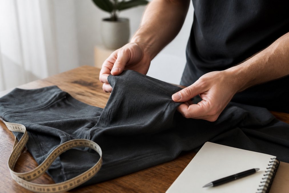 Infographic illustrating the quality assessment process for heavy cotton fabric using measurements and notes