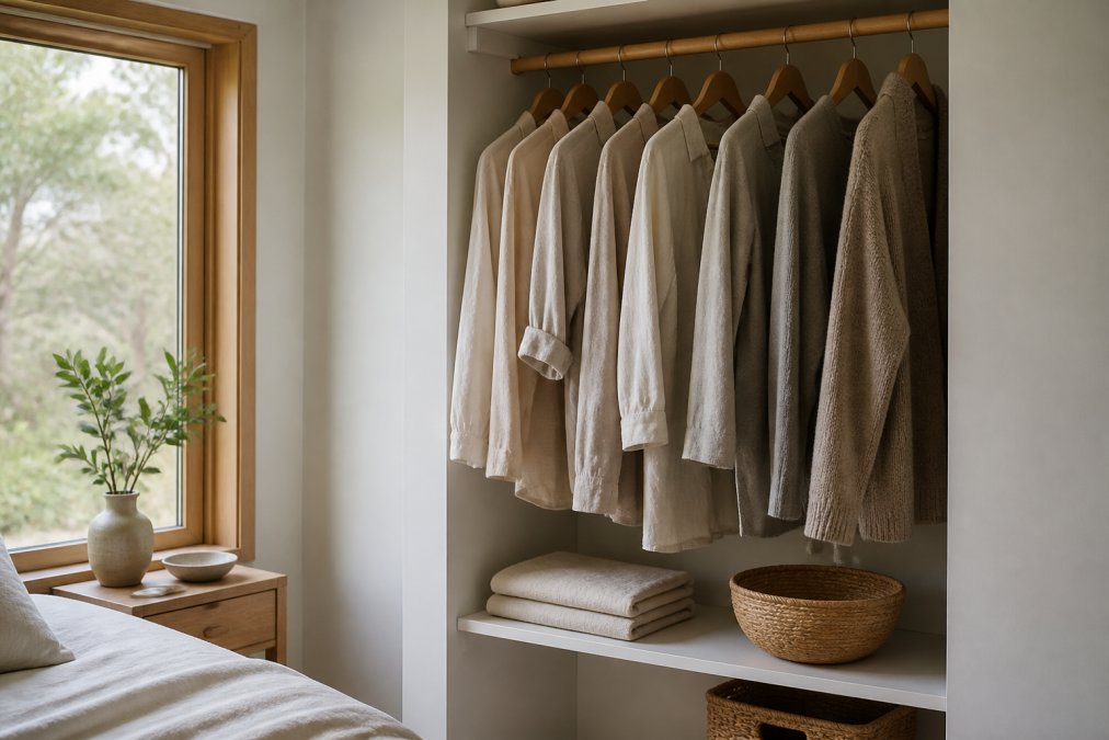 A neatly organised wardrobe featuring a curated selection of neutral-toned linen shirts, barrel leg pants, and a lambswool cardigan on wooden hangers, styled in a bright, airy bedroom with natural light
