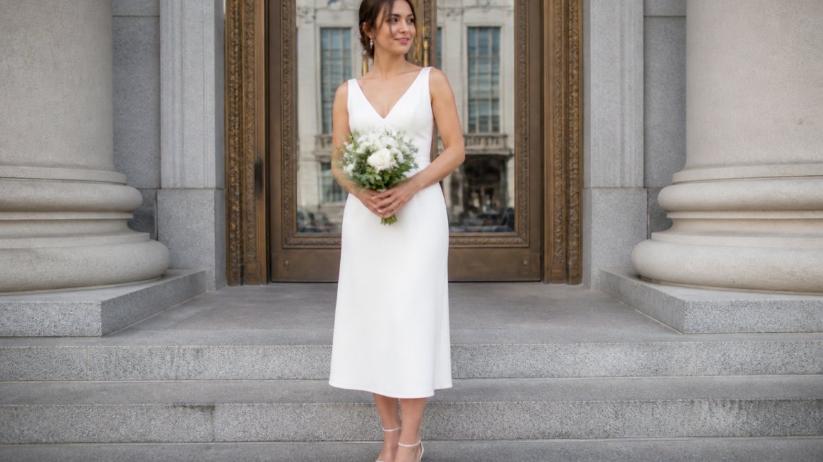 Bride in a simple minimalist white courthouse wedding dress with midi length, standing in front of a city courthouse building, holding a small bouquet, styled with pearl earrings and strappy heels