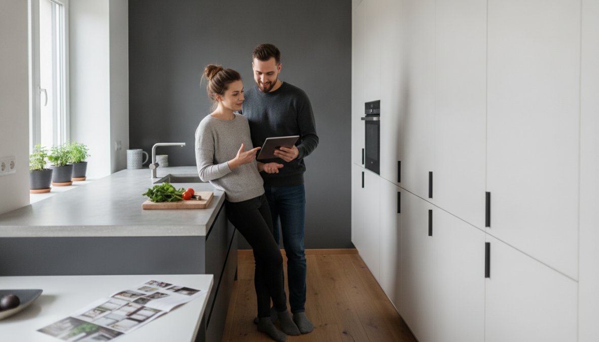 Moderní minimalistická kuchyně na míru s čistými liniemi, matným povrchem a vestavěnými spotřebiči bez viditelného kování.