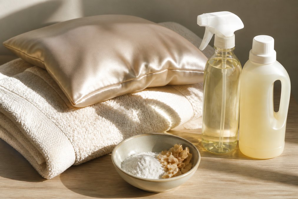 Flatlays mit nachhaltigen Produkten auf heller Holzoberfläche: Premium-Baumwollhandtuch mit natürlicher Textur, Maulbeerseide-Kissenbezug in zartem Sekt-Ton, Glasflasche mit natürlichem Allzweckreiniger, Flasche Bio-Waschmittelkonzentrat und kleine Keramikschale mit Bio-Rohstoffen