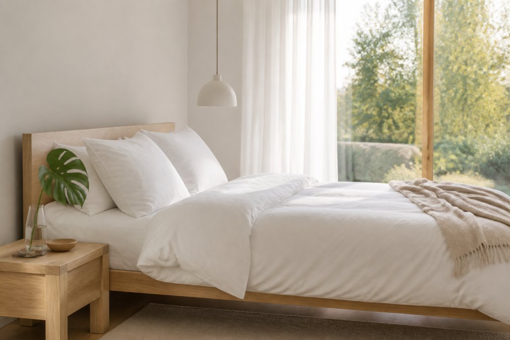 Hell eingerichtetes Schlafzimmer mit minimalistischem Design: weiße Bettwäsche aus hochwertiger Baumwolle, helles Holzbett, ein einzelnes grünes Blatt einer Pflanze auf dem Nachttisch, natürliches Morgenlicht durch große Fenster, ruhige, aufgeräumte Atmosphäre