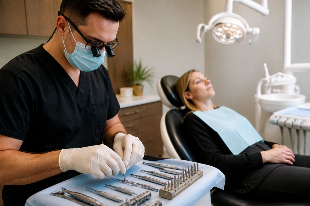 A dentist in surgical gloves and loupes preparing a sterile tray of implant instruments in a modern operatory, with the patient reclined and the overhead light on