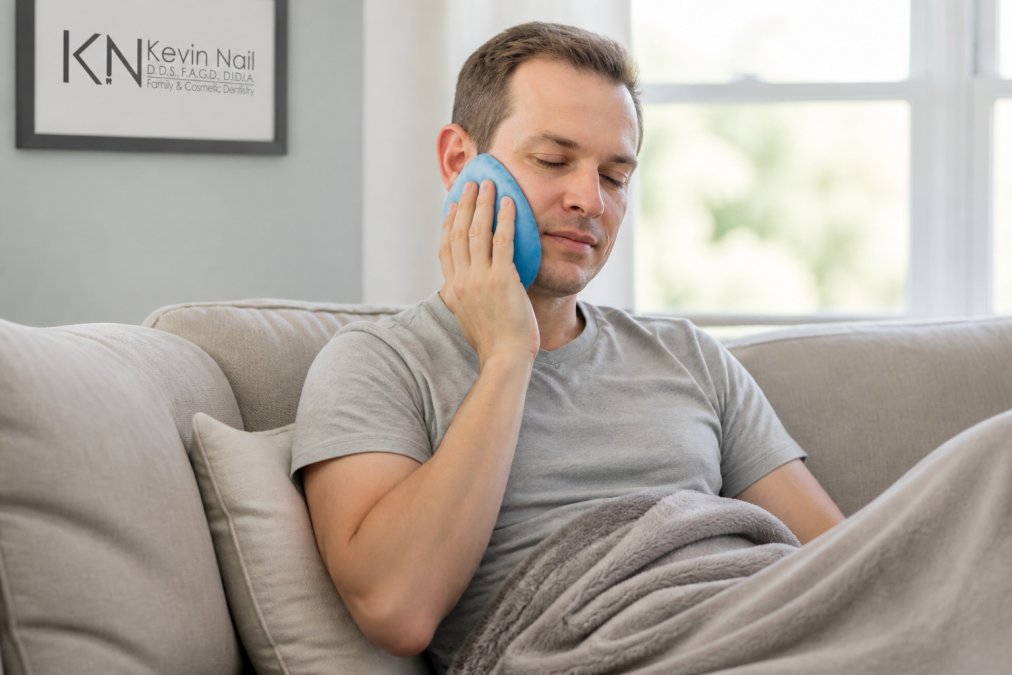 A person at home applying a cold compress to their cheek while resting on a sofa, with a calm and relaxed expression, soft natural window light