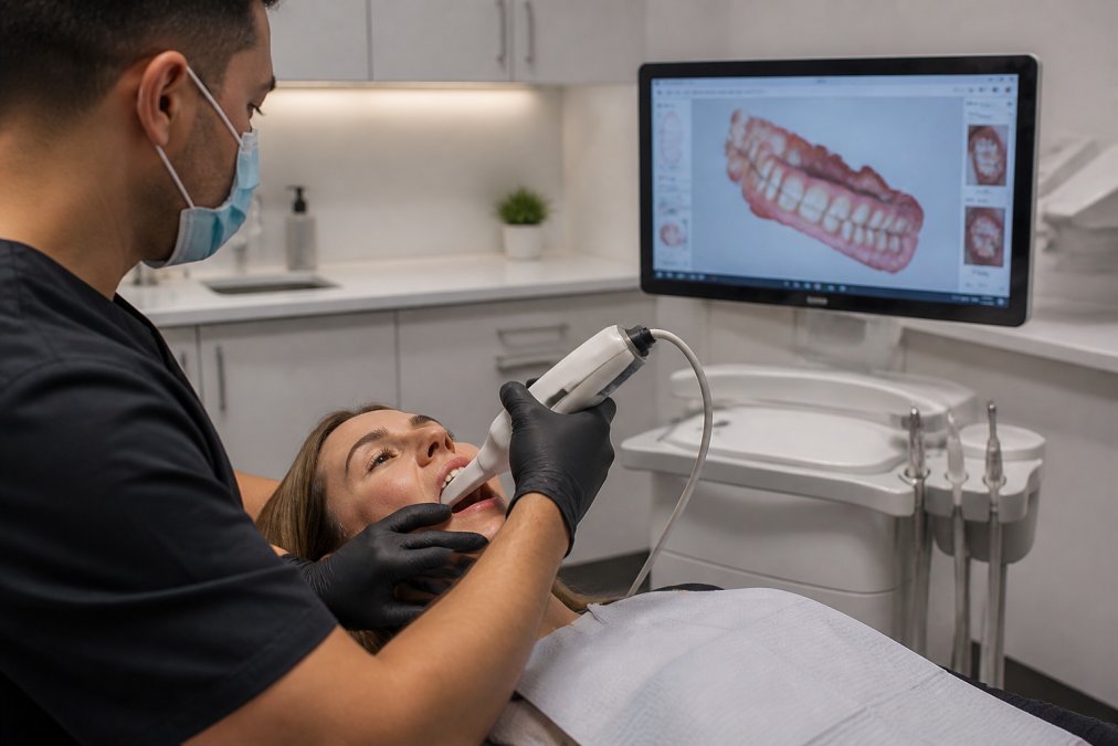 Dentist using digital intraoral camera to examine patient's teeth while modern monitor displays high-resolution scan in background, modern clinic setting with soft overhead lighting