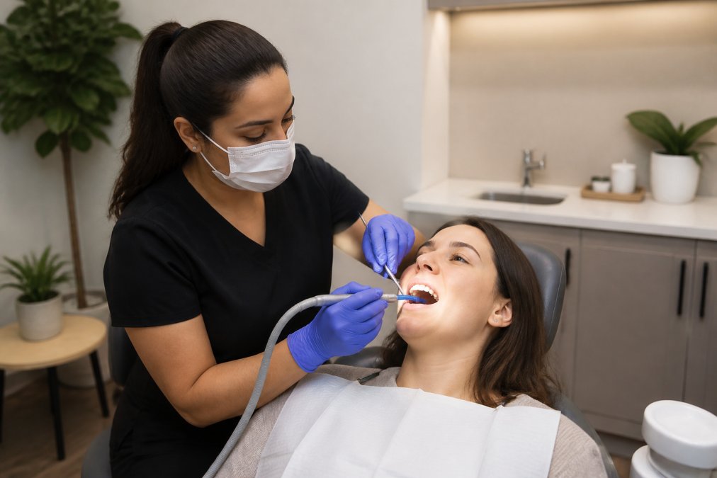 Dental hygienist performing preventive cleaning on patient seated in modern dental chair, calm clinical environment with soft lighting and calming decor