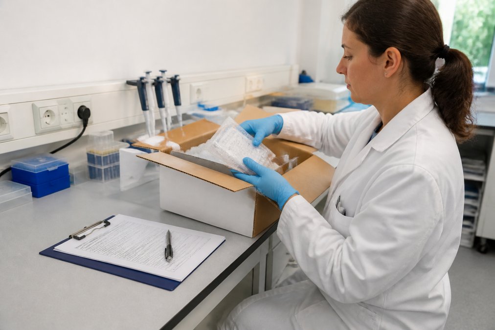 A laboratory researcher in a white coat carefully unpacking a sealed box of lab supplies at a clean bench, with a clipboard and certificate of analysis document visible beside the box, bright overhead laboratory lighting