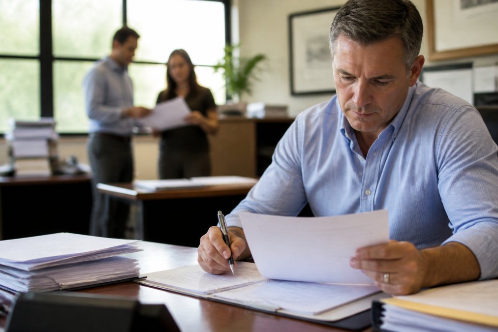 Business manager reviewing emergency response documents and checklist at desk with team members in background, natural office lighting