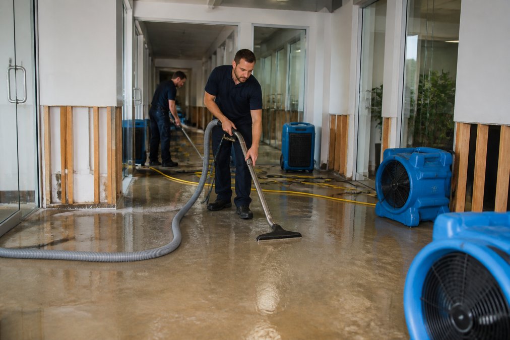 Restoration crew working on water damage mitigation in commercial space with extraction equipment and drying fans running continuously