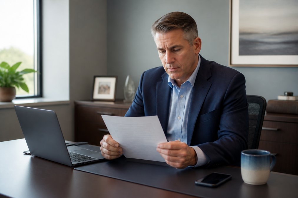 A financial advisor reviewing a printed client communication letter at a desk with a laptop and phone nearby, in a professional office setting