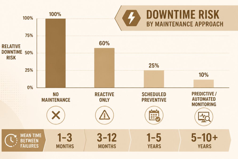 Bar chart comparing relative downtime risk across four maintenance approaches: No maintenance (highest risk, baseline), Reactive only (moderate-high), Scheduled preventive (moderate-low), and Predictive/automated monitoring (lowest risk), with mean time between failures labels improving at each tier